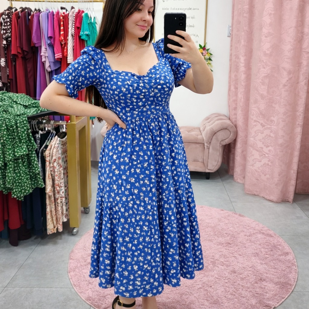 Vestido Longo Evangélico Viscolinho Floral Cintura Marcada Elegante Confortável Tam Único