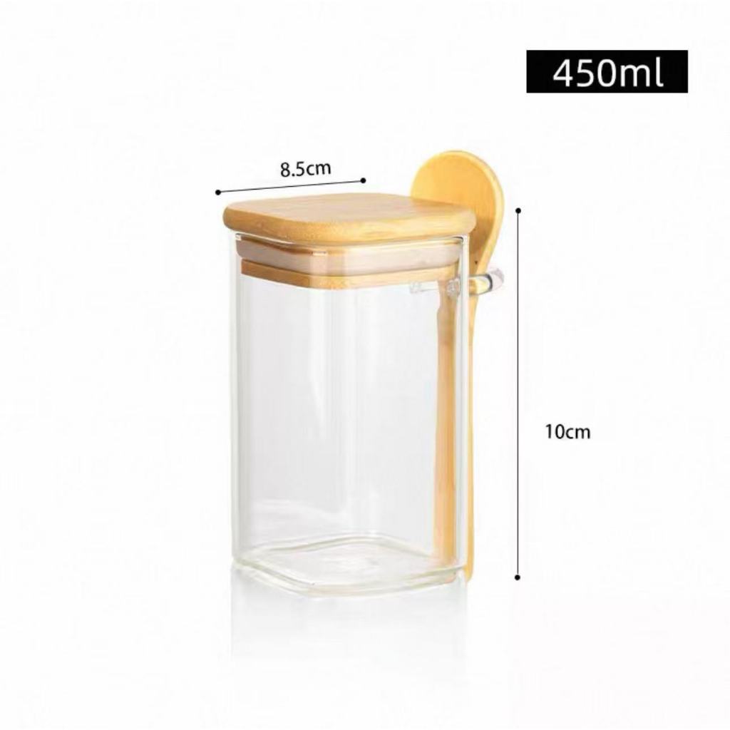 Pote de Vidro Redondo / Quadrado Hermético com Colher Tampa de Bambu - 450ml