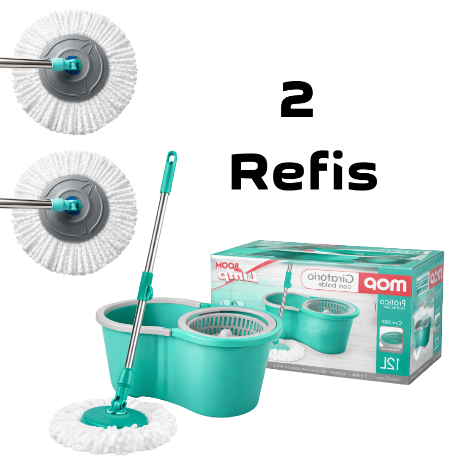 Mop Giratório Grande 12 Litros Cabo de 120 cm 2 Refis Cesto Em Plástico Balde Centrífuga