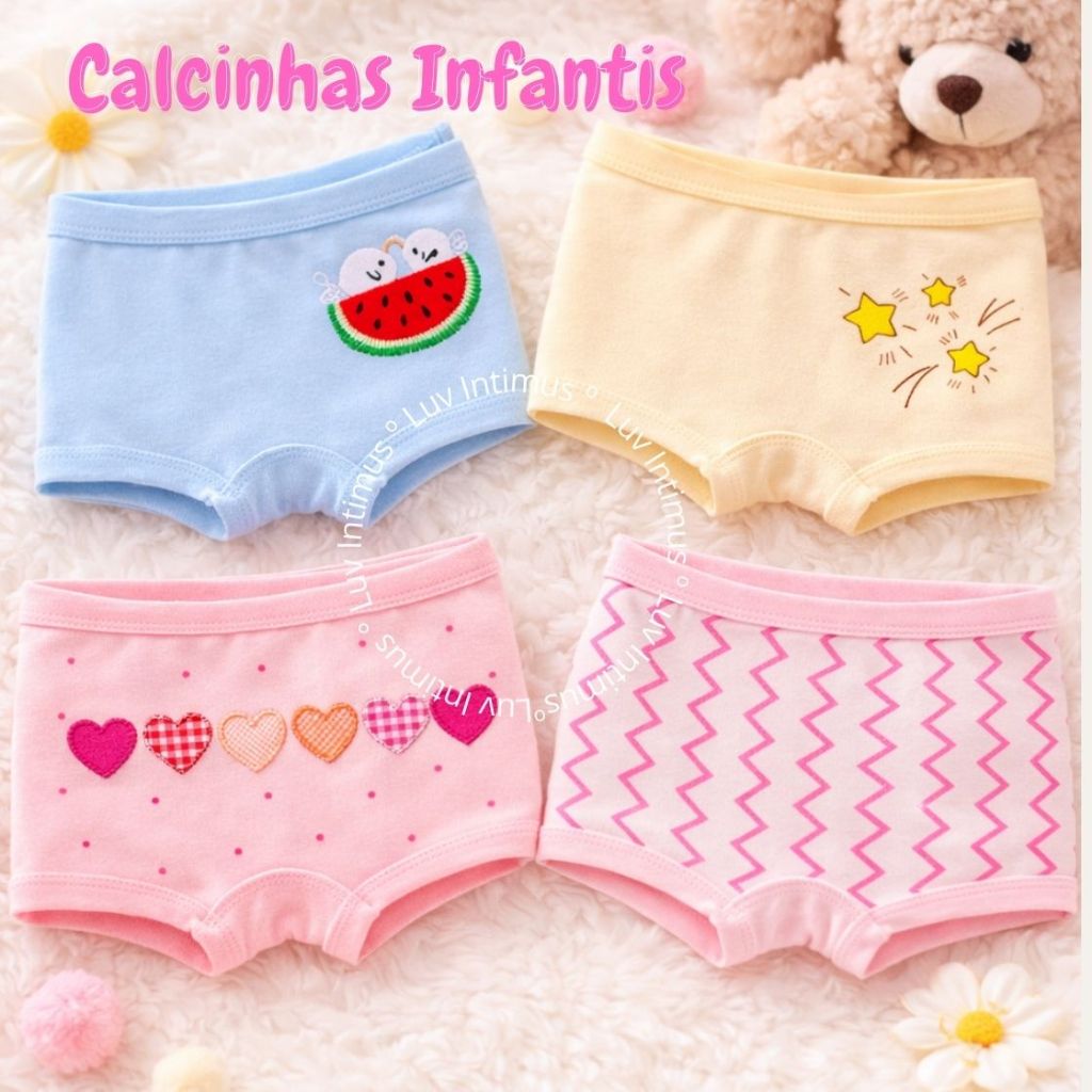 Kit 12,10 ou 3 Calcinhas Infantil Boxer de Algodão Menina 2 a 10 Anos Macia e Confortável em Oferta na Shopee