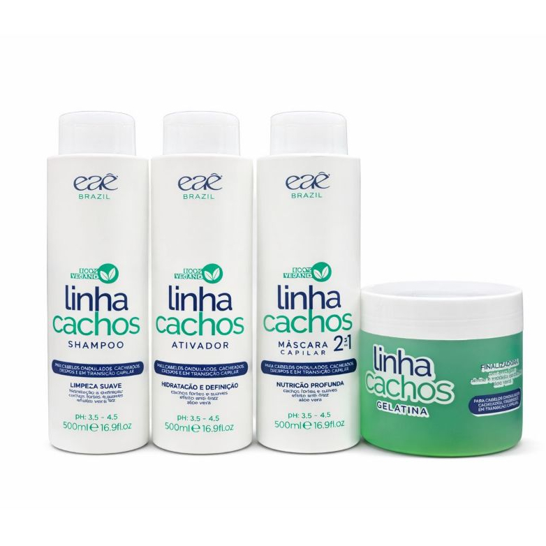 Kit Linha Cachos Eae Brazil Shampoo + Ativador + Máscara 2x1 + Gelatina Finalizadora Vegano Definição e Hidratação