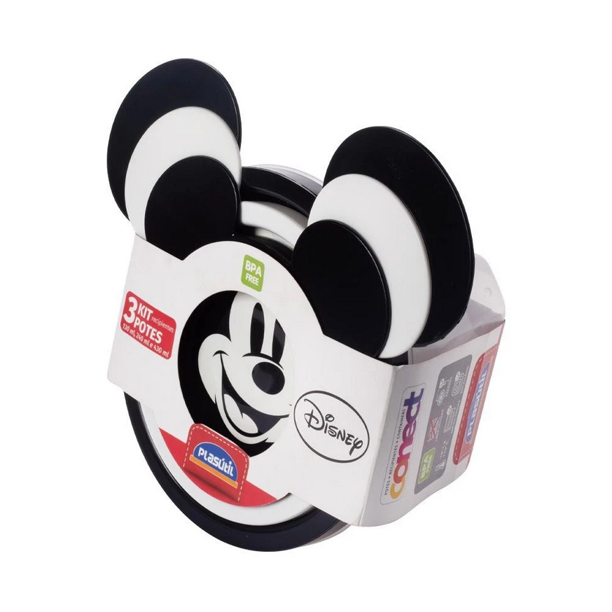 Kit 3 Potes Mickey Lúdico 3D | Marmita OU GIRE E TRAVE Lancheira Passeio Escola Lanche Plasútil