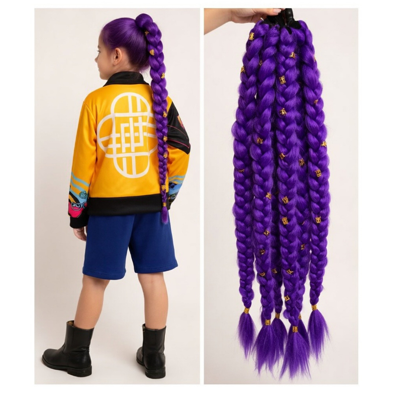 Cabelo Trançado de 70cm Rumi ou Tiara Mira Inspiração Guerreiras K-pop Roxo e Acessórios Trança com Tinta Lilás