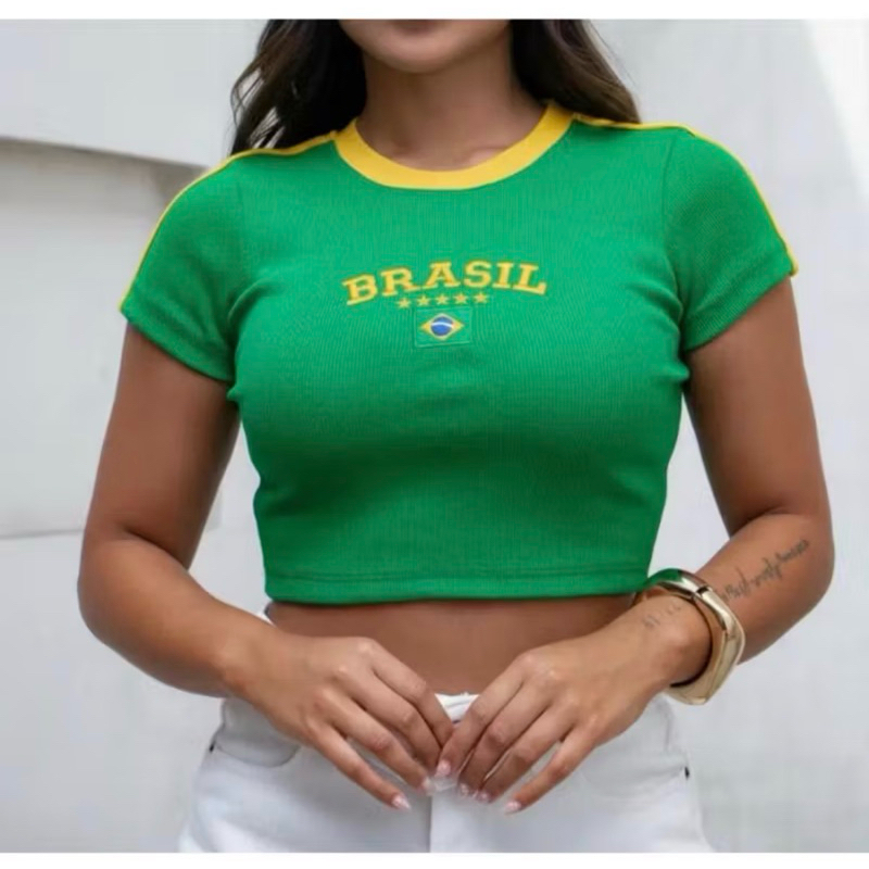Cropped blusa camiseta do Brasil Manga Ribana Canelada Sem Bojo Copa do Mundo Bordado Casual Confortável 2026