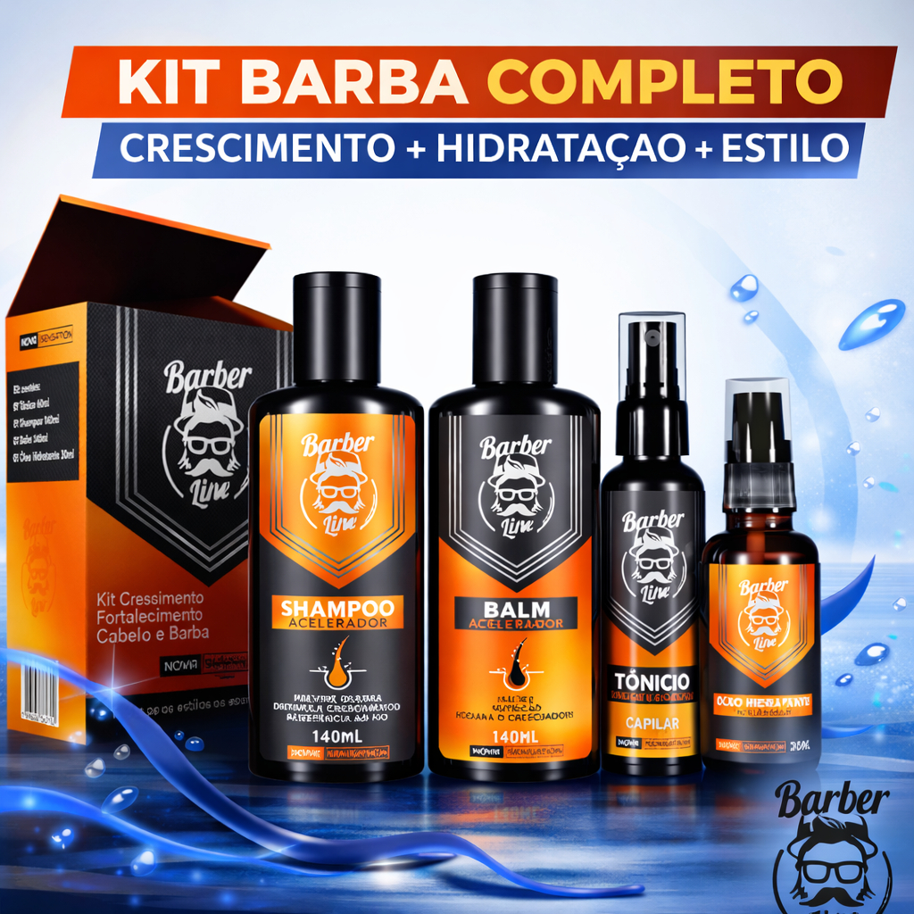 Kit Barba Barber Line Crescimento Shampoo Balm Tônico Óleo Barba Cabelo Completo Masculino