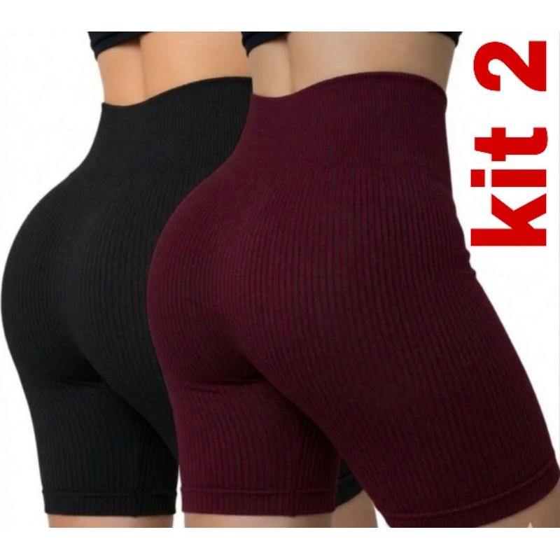 Kit 2 Shorts Feminino Canelado Cintura Alta Academia Roupa Fitnes, Zero Transparência, Confortável.