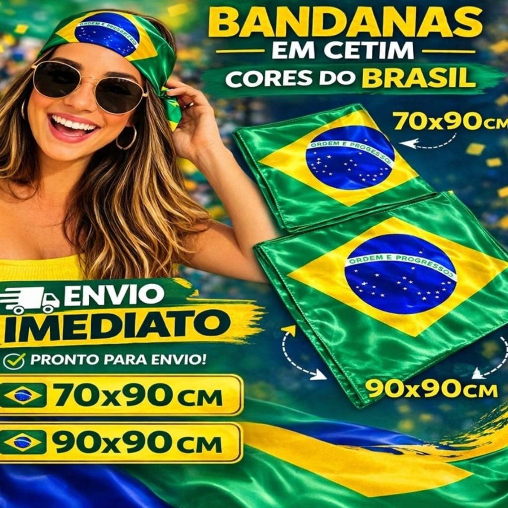 Lenço de Cetim 70x90cm e 90x90cm Look Fashion Feminino Multiuso Bandeira do Brasil Copa 2026 Bandana