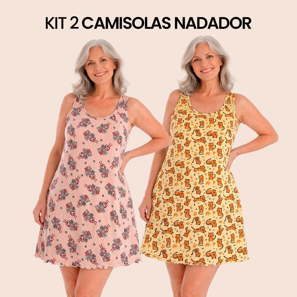 Kit 2 Peças Camisola Feminina Nadador Malha Suede Estampada - Leve e Super Confortável - P M G GG