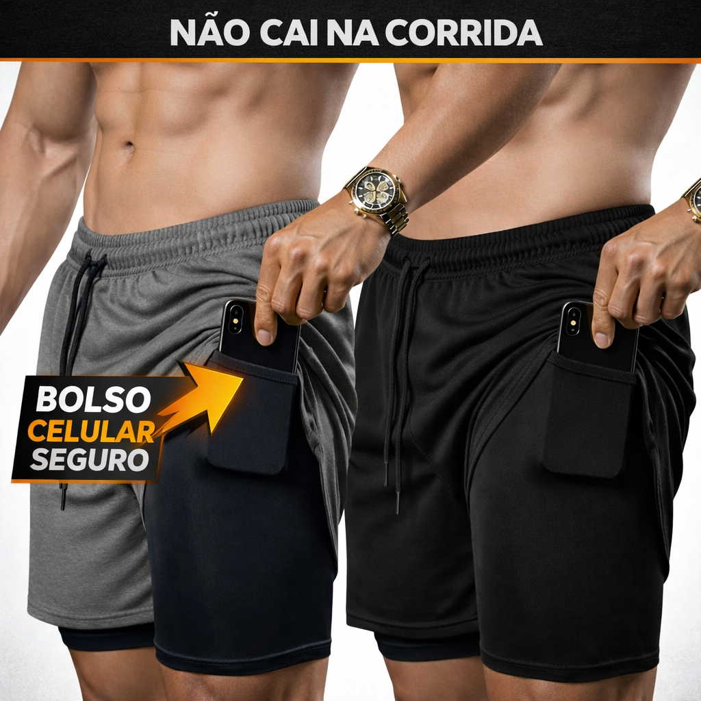 Kit 2 Shorts Masculino 2 em 1 Dry Fit Compressão Bolso Celular Academia Corrida Treino