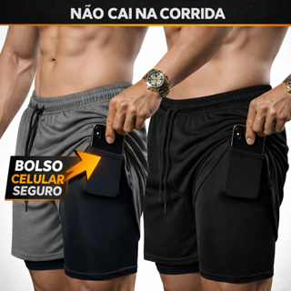 Kit 2 Shorts Masculino 2 em 1 Dry Fit Compressão Bolso Celular Academia Corrida Treino em Oferta na Shopee