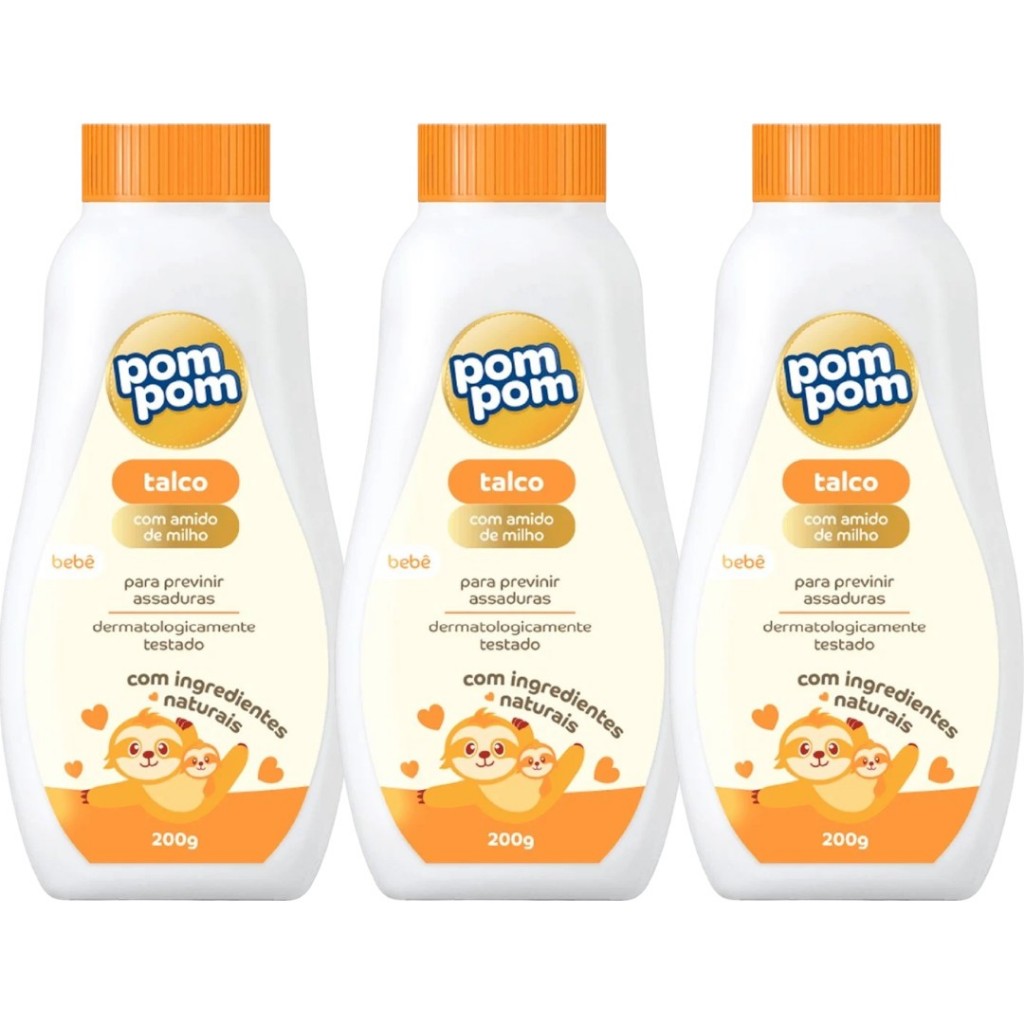 Kit 3 Talco Para Bebe Com Amido De Milho 200g - Pom Pom