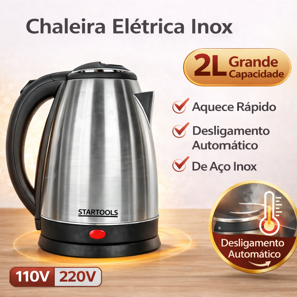 Chaleira Elétrica Inox 2 Litros Base 360 Desligamento Automático Ferve Água Rápido 127V 220V