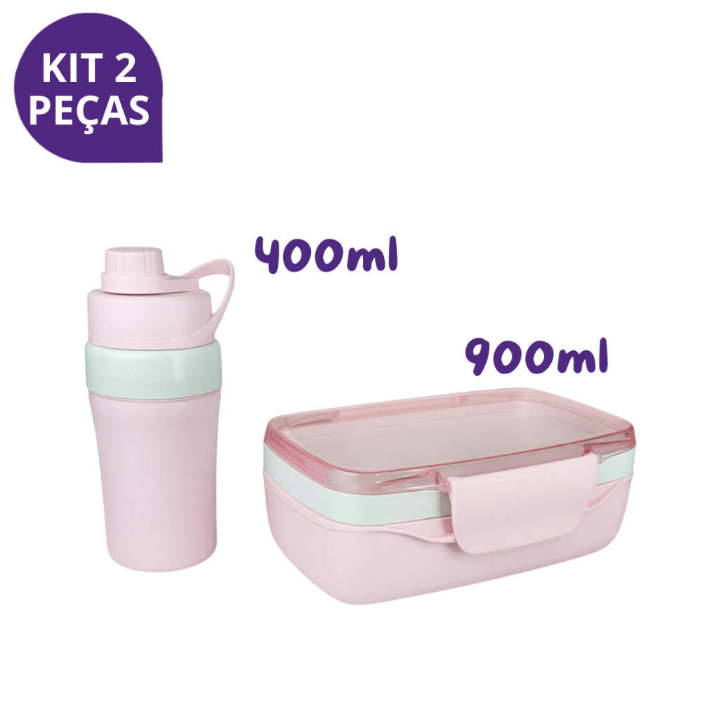 Kit Marmita Hermética 900ml + Garrafinha 400ml – Pote Prático, Para Trabalho, Escola e Academia