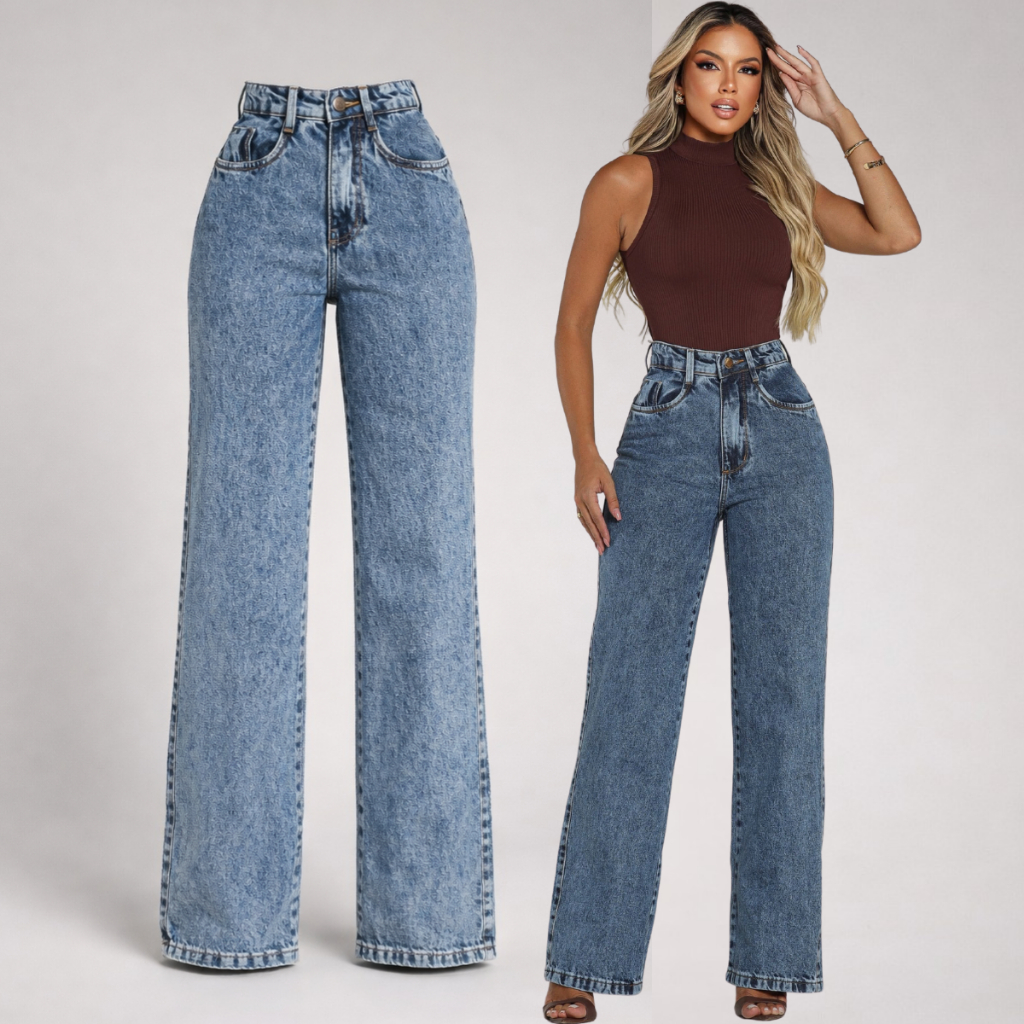 Calça Feminina Wide Leg Jeans Premium 100 % Algodão Cintura Alta Afina Cintura Elegante Casual Versátil em Oferta na Shopee