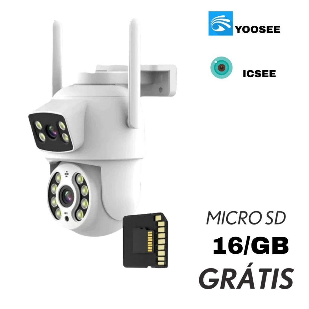 Câmera De Segurança Lente Dupla ICSEE/YOOSEE IP66 Wi-Fi 360° Sensor Movimento + MICROSD 16GB