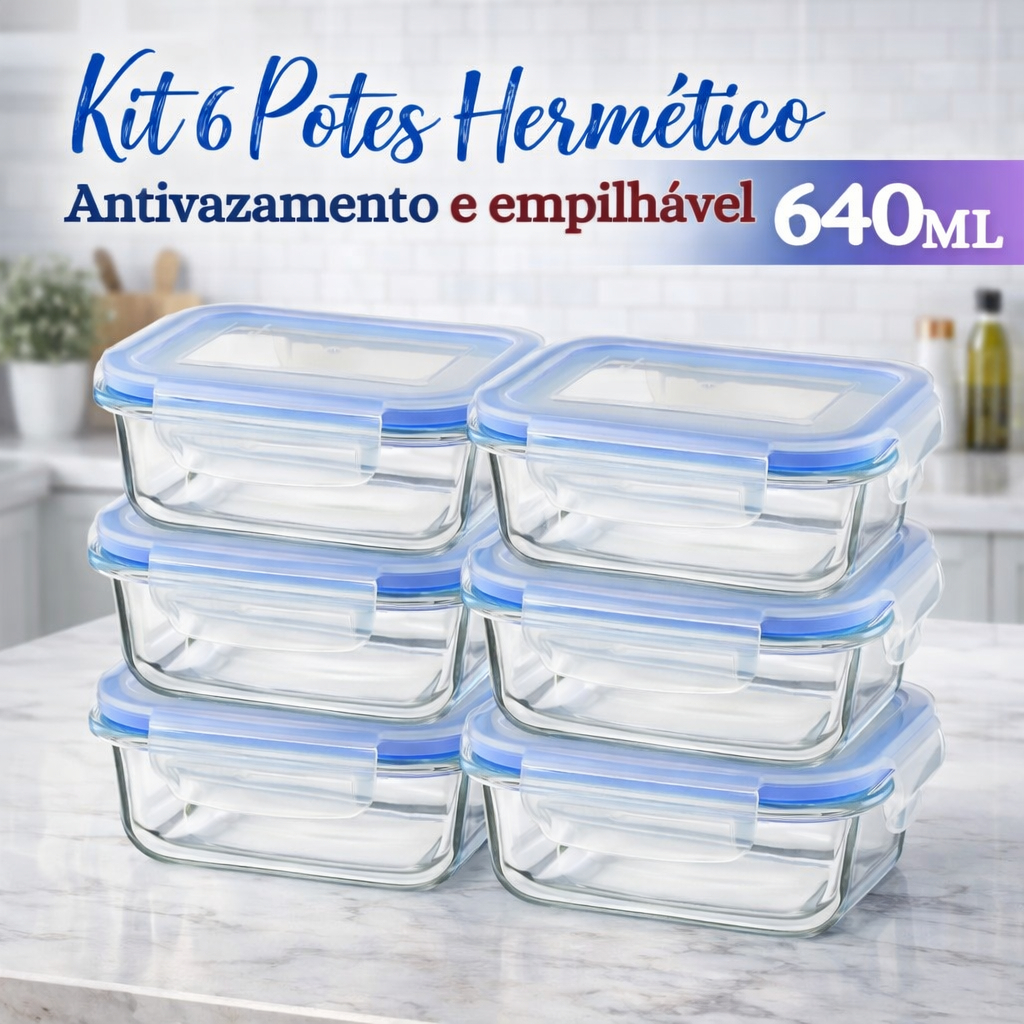 Imagem Kit 6 Potes Herméticos Vidro 640ml Retangular Tampa 4 Travas Marmita Freezer Cozinha