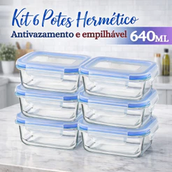 Kit 6 Potes Herméticos Vidro 640ml Retangular Tampa 4 Travas Marmita Freezer Cozinha