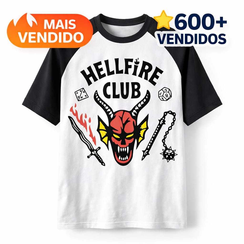 Camiseta Stranger Things Hellfire Club Manga Curta #1 Infantil Festa Juvenil Serie Netflix Presente Criança Aniversario