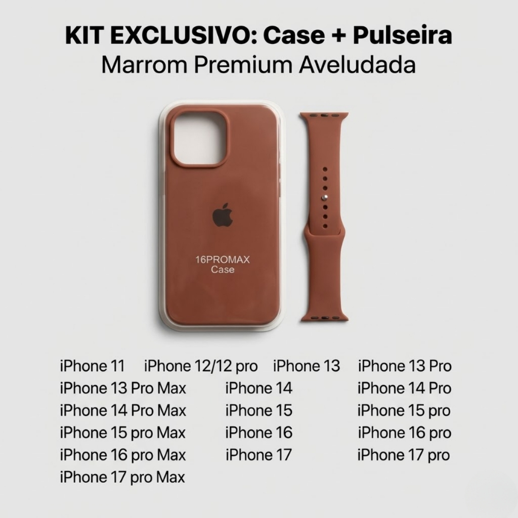 Kit Exclusivo Marrom Capa iPhone Silicone Aveludada + Pulseira Apple Watch Premium