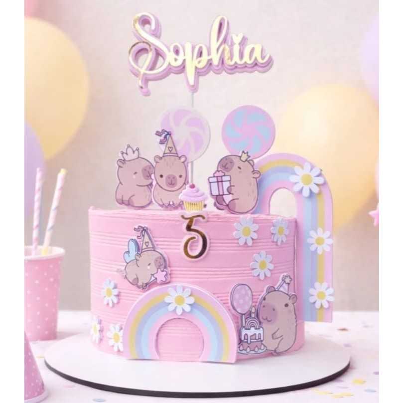 Topo de Bolo Infantil Capivara Festa Rosa Menina - Decoração Personalizada Aniversário Lembrancinha Rainha Princesa