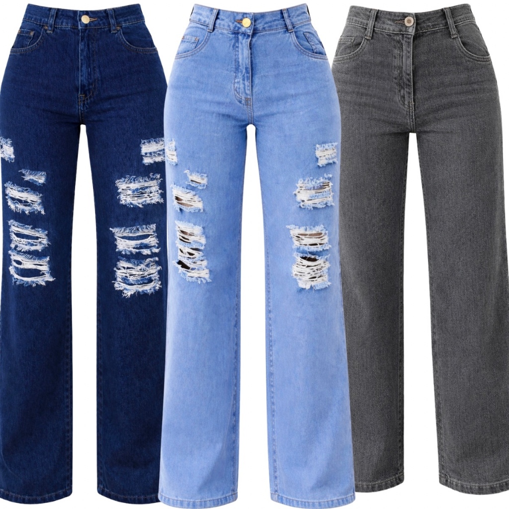 Calça WideLeg Jeans Feminina Cores Pantalona Modela Bumbum Cintura Alta Wid Leg Jeans BoyFriend
