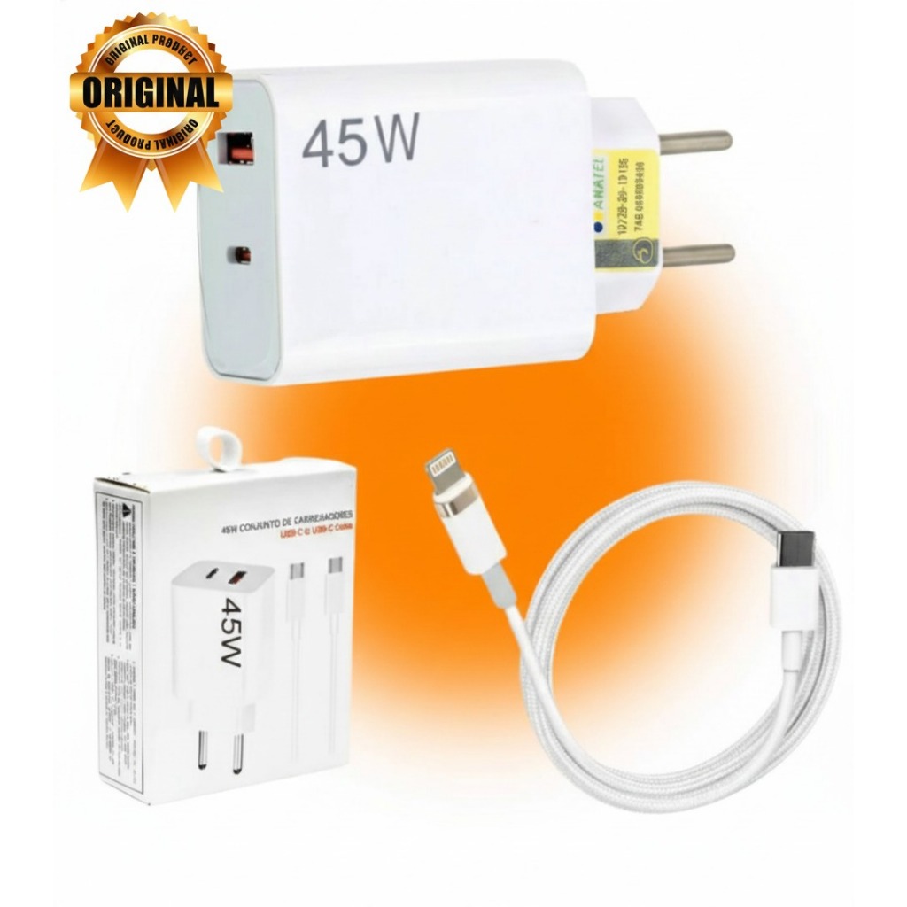 Carregador Turbo 45W para iPhone 11 12 13 14 XR XS Fonte Rápida com Cabo Lightning Original Duplo