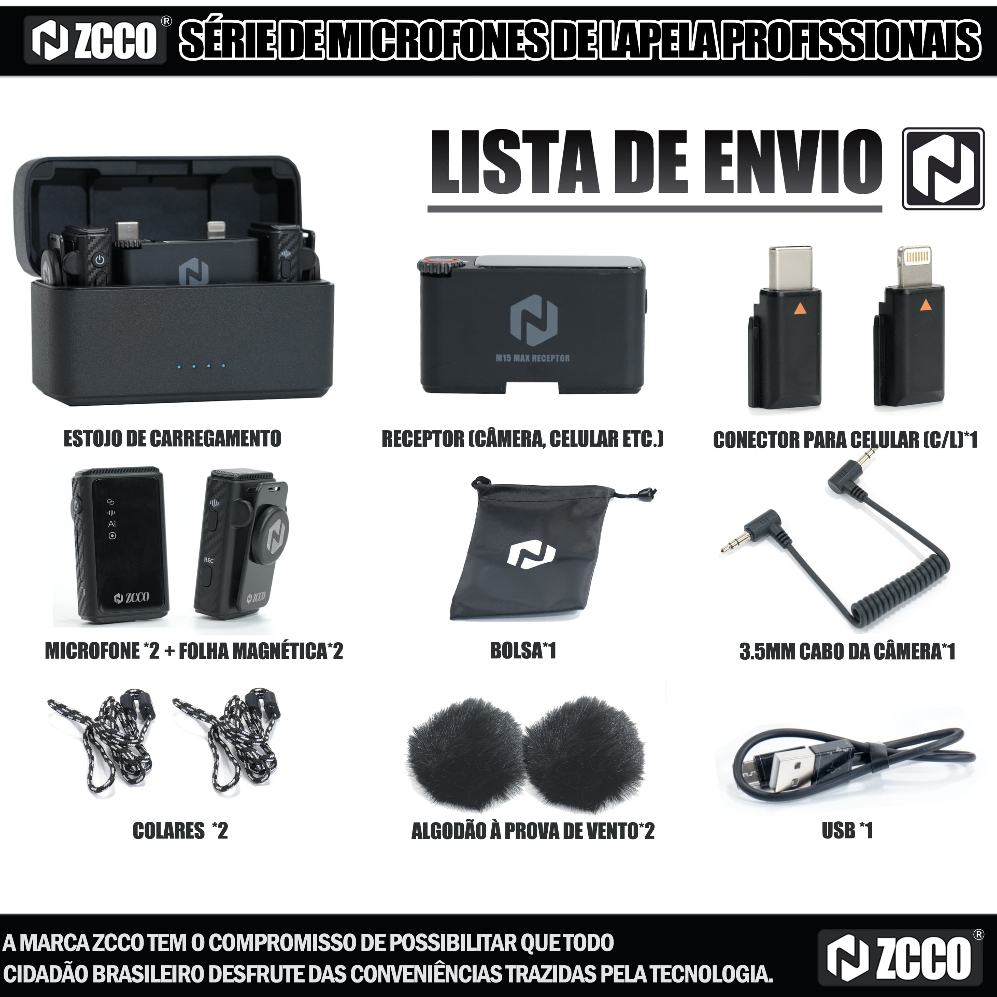 ZCCO-M15 MAX Microfone Lapela Kit Duplo Sem Fio Magnético c/ Redução Ruído IA, Gravação HD, p/ Android/iOS/Câmera/PC