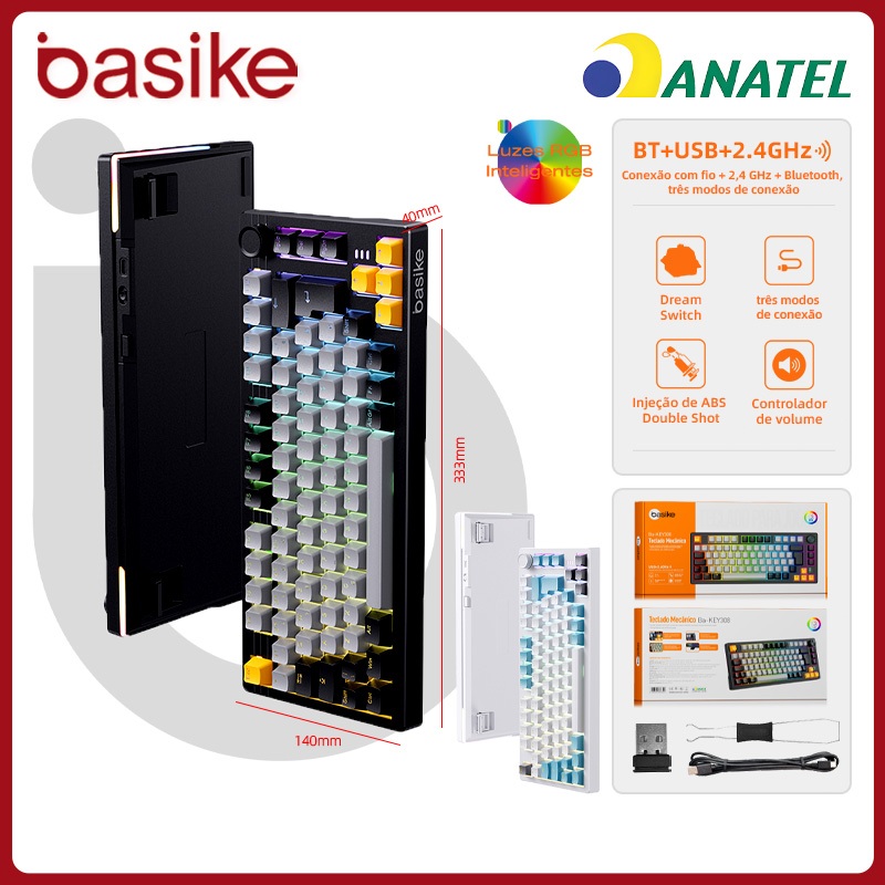 BASIKE Teclado Mecânico Tríplice Modo RGB Eixo Sonho 4000mAh 82 Teclas Ergonômico Suporte Macro，key308 em Oferta na Shopee