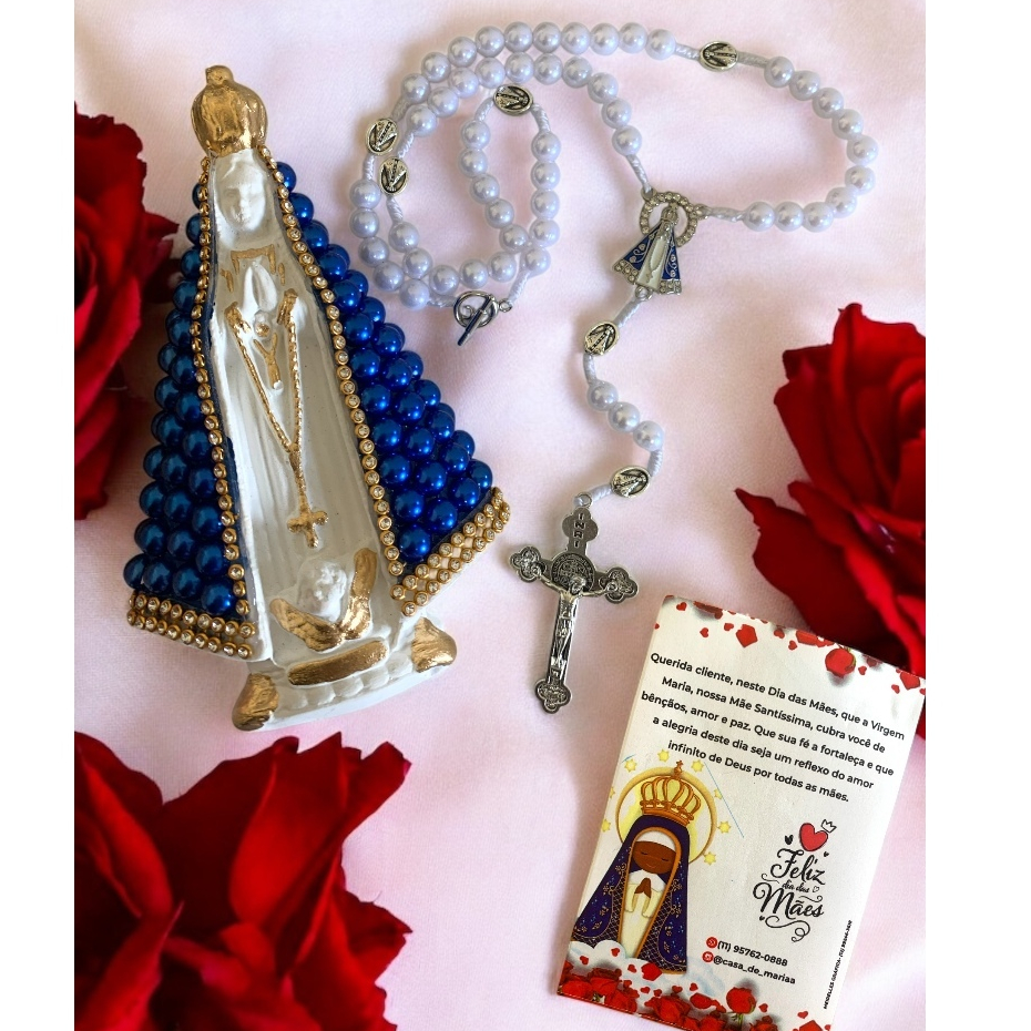 Dia das Mães Presente Católico Imagem Nossa Senhora Aparecida em gesso e Terço Perolado