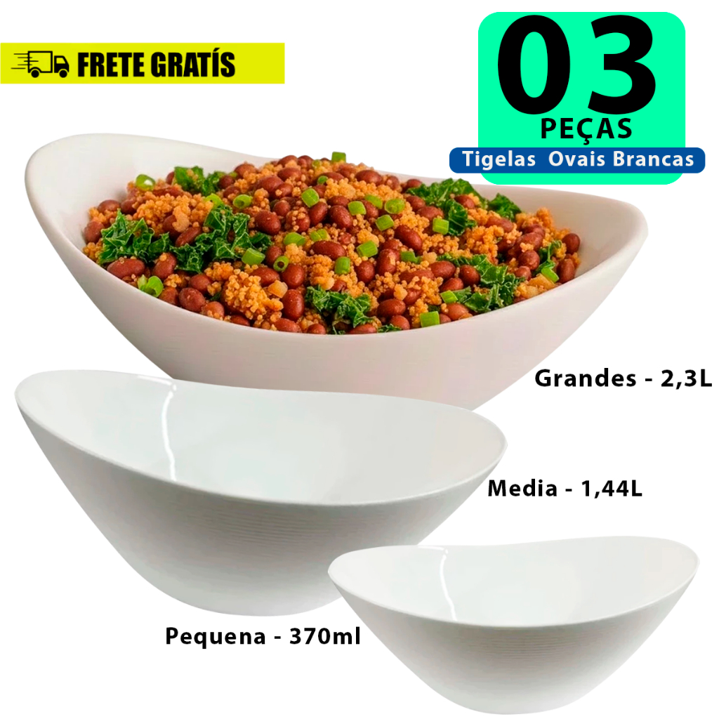 kit 3 Tigelas Travessas Oval branca em Vidro Temperado opaline jogo de tigela enxoval casa nova