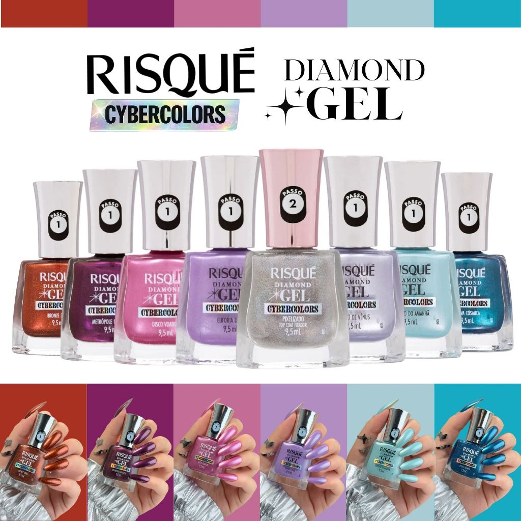 Esmalte Risqué Diamond Efeito Gel Cybercolors 8 Cores Escolha Lançamento Risqué Top Coat Fixador