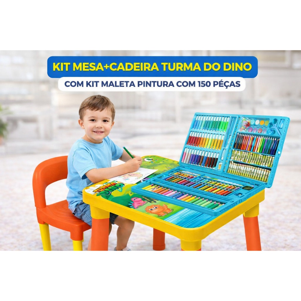 Kit Mesa Infantil Com Cadeira Dino + Maleta Pintura 150 Peças Educativo Completo Criança educativo