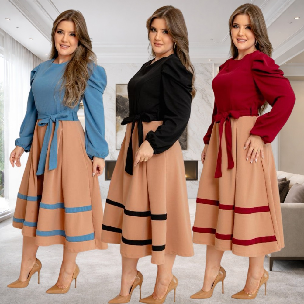 Vestido Feminino Midi Rodado Social Manga Elegante Com Laço Moda Evangélica Plus Size Congresso Luxo em Oferta na Shopee
