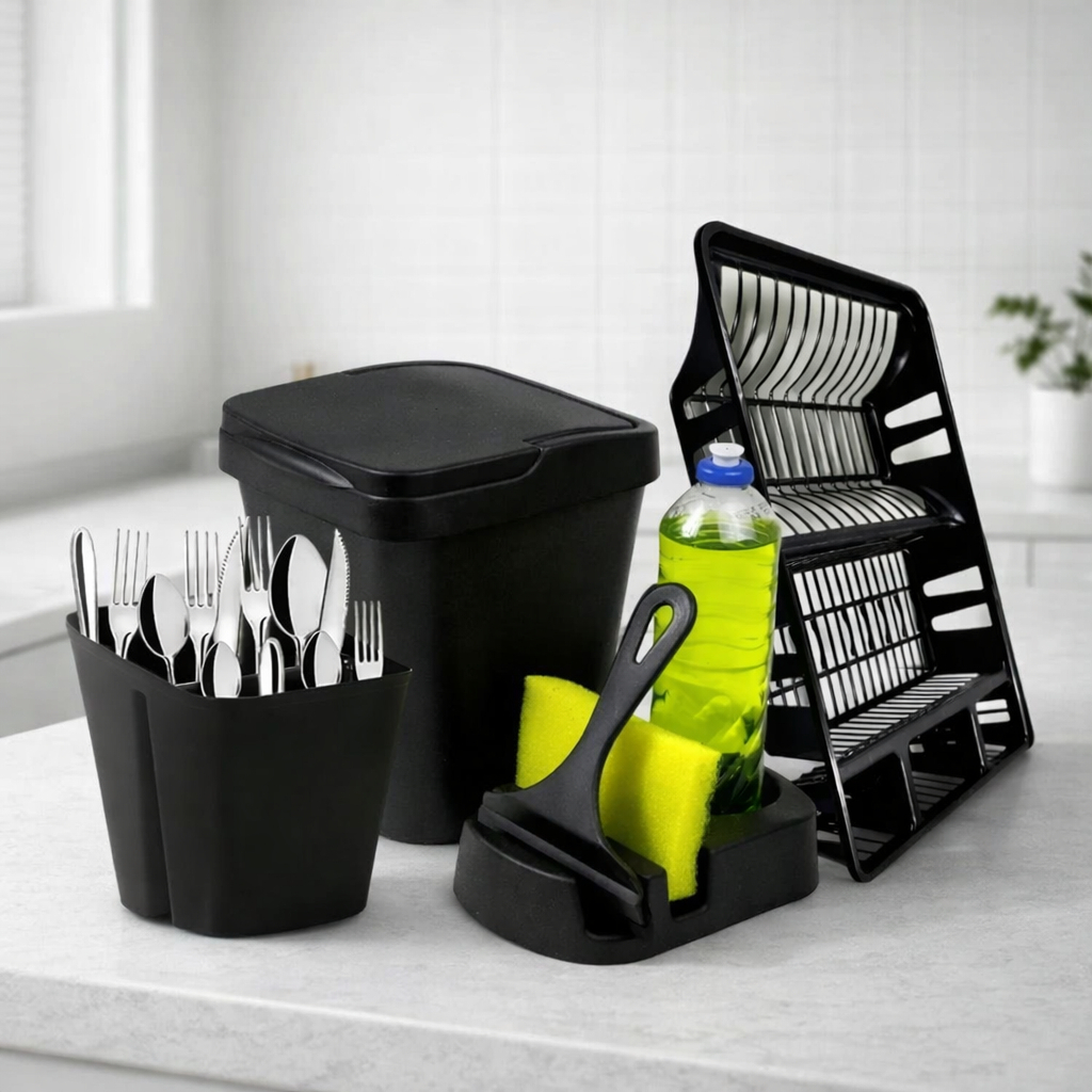 Kit Pia Cozinha Multiuso Lixeira Rodo de Pia Porta Detergente Porta Talher Escorredor de Louças 5 Pç em Oferta na Shopee