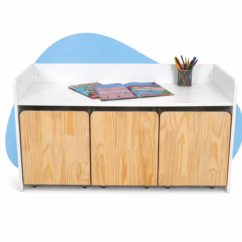 Escrivaninha Organizadora Grande 3 Baús Organizadores Madeira Quarto Organização Brinquedo Infantil Kit Livro Educativo
