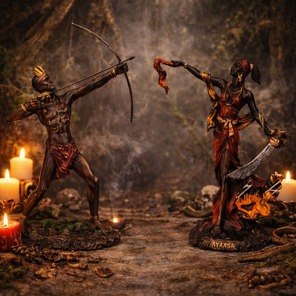 Kit Imagem Orixá Oxossi E Iansã Resina Estatueta Decorativo