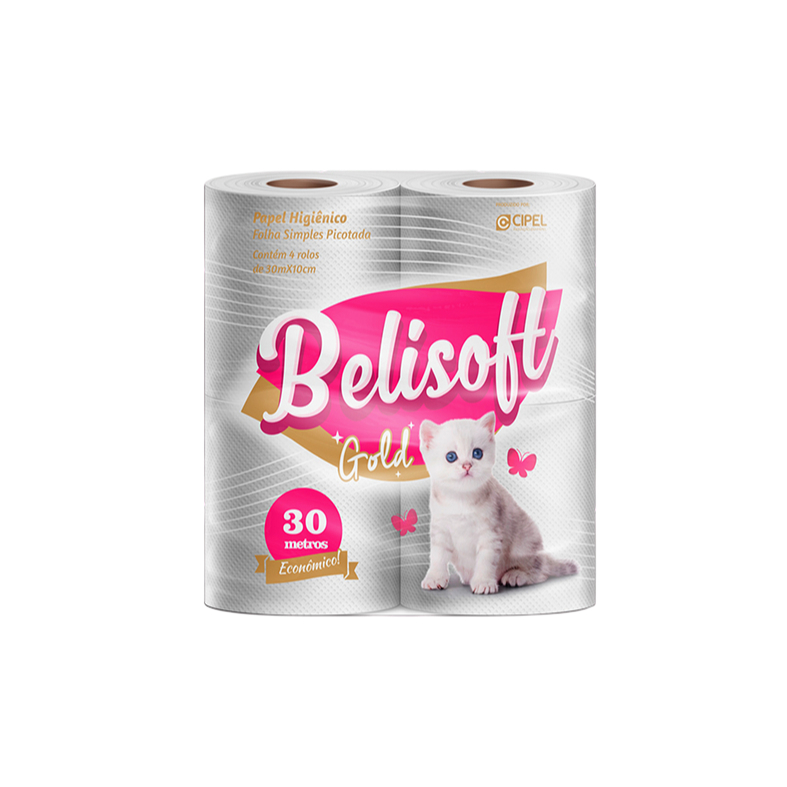 Belisoft Gold Papel Higiênico, Folha Simples, 8 Rolos, 30 Metros Cada