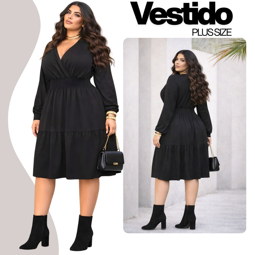 Vestido Plus Size Moda Casual Midi Com Manga Liso