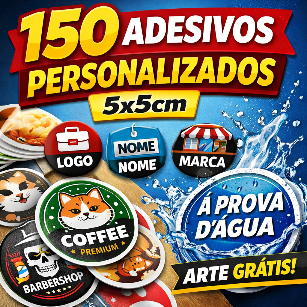 150 Adesivos Personalizados 5x5cm | Logo, Nome ou Marca | À Prova D’Água | Enviamos Arte para Aprovação