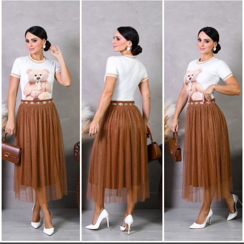 Saia Tule Brilhante Forrada  Feminina Moda Evangélica Elegante para Congresso, Cultos e Festividades