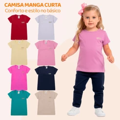 Kit de 2 ou 6 Blusas Infantis Manga Curta para Bebê Menina 100% Algodão Confortável para o Dia a Dia Blusa Manga Curta