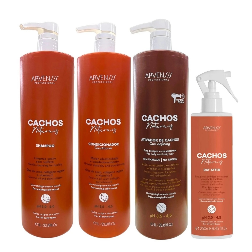 Kit Arvensis Cachos Naturais - Shampoo 1L + Condicionador 1L + Ativador De Cachos Crespos 1L + Day After 250ml