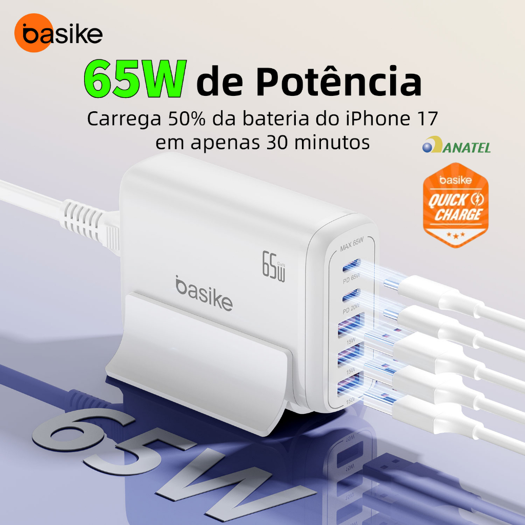 Carregador rápido de Mesa Basike 65W/30W Hub 1.5m Turbo 5 em 1 Desktop 3x USB 2x Tipo C PD QC3.0 Carregamento Rápido