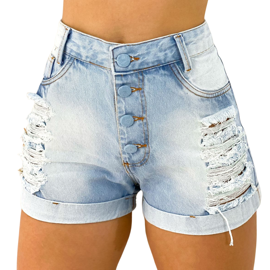 Short Jeans Feminino Barra Dobrada Cós Alto Jeans Destroyed Short Jeans Feminino Rasgado 4 Botão modeladora  Estiloso