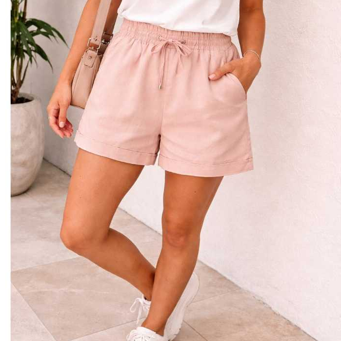 Short Linho feminino moda casual confortável com elástico em Oferta na Shopee