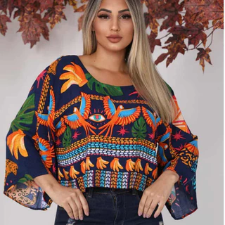Blusa Cropped De Manga Flare 3/4 Feminina