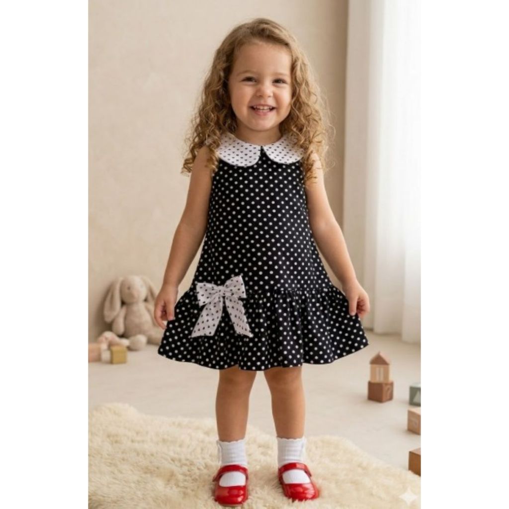 VESTIDO MARGOT - Pronta Entrega - Vestido Infantil Artesanal Poá Preto e Branco Gola Boneca Laço