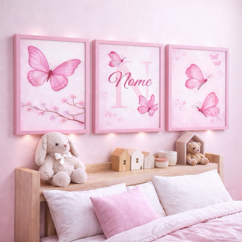 Kit 3 Quadros Decorativos Personalizados Infantil Nome Letra Borboleta Decoração Quarto Bebê Menina