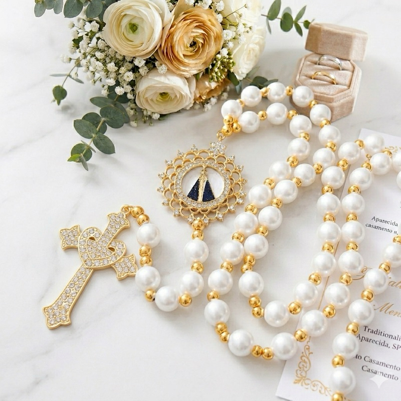 Terço De Noiva Pérola Nossa Senhora de Aparecida Com Strass Contas 10mm De Luxo Banhado Prata em Oferta na Shopee