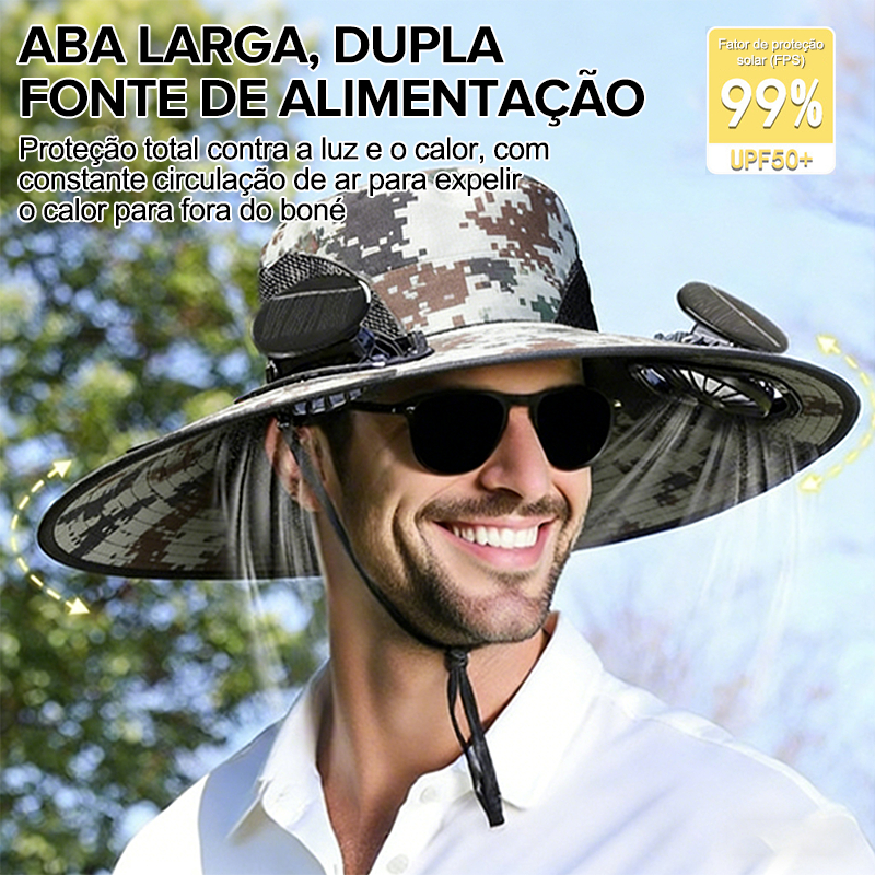 Chapéu com Ventilador Solar Portátil, Aba Larga com Proteção UV, Ajustável, Chapéu para Praia, Pesca e Camping